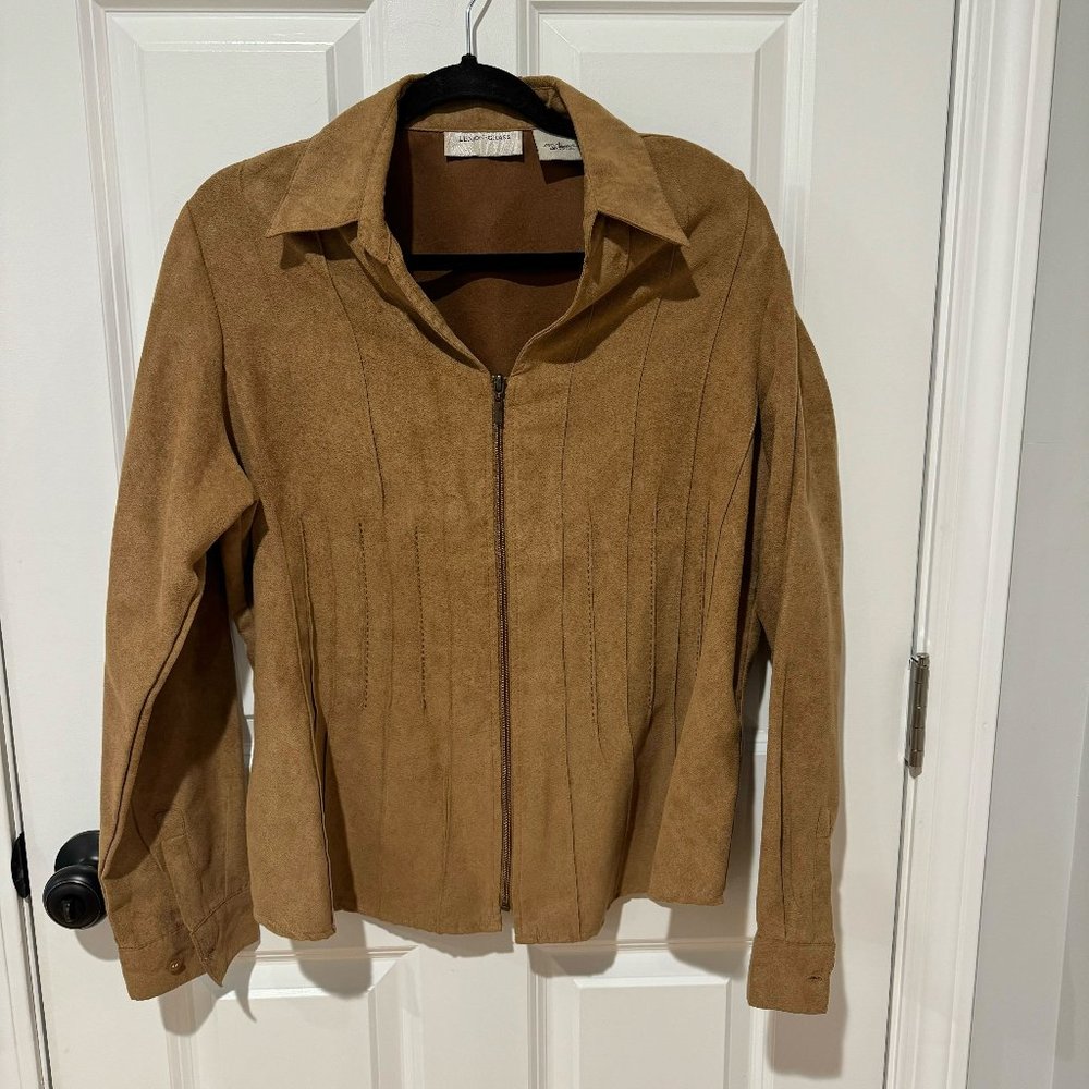 Lemon-Grass Tan Vegan Suede Zip Up Light Weight‎ Jacket - Size Large